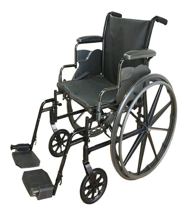 Lightweight steel wheelchair with detachable armrest and elevating leg rest.