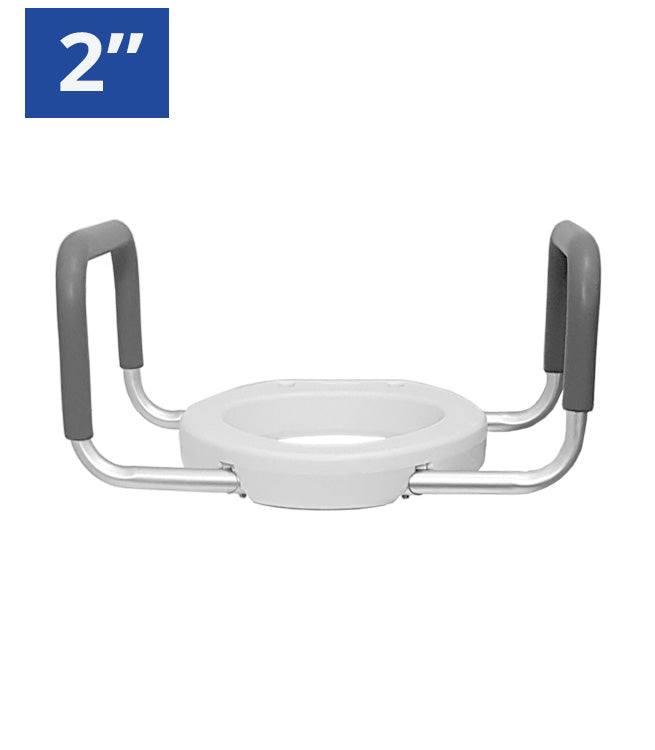 Raised toilet seat with padded arms, elevating 2 inches for added stability and support.