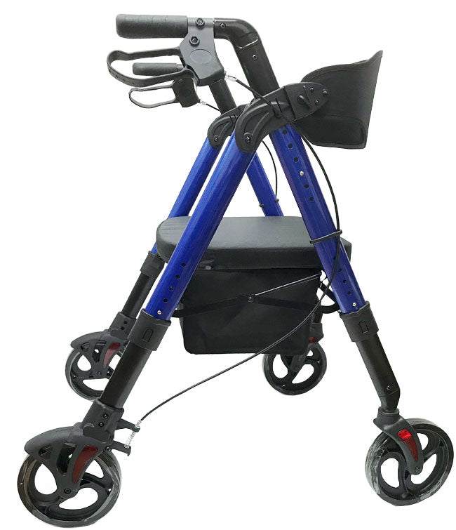 Aluminum Folding Bariatric Rollator with black padded seat, PVC wheels, and height-adjustable hand grips.