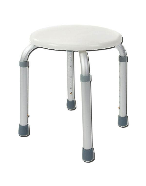 Bath stool with adjustable height and lightweight aluminum frame, featuring anti-slip rubber tips.