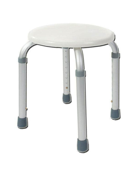 Bath stool with adjustable height and lightweight aluminum frame, featuring anti-slip rubber tips.