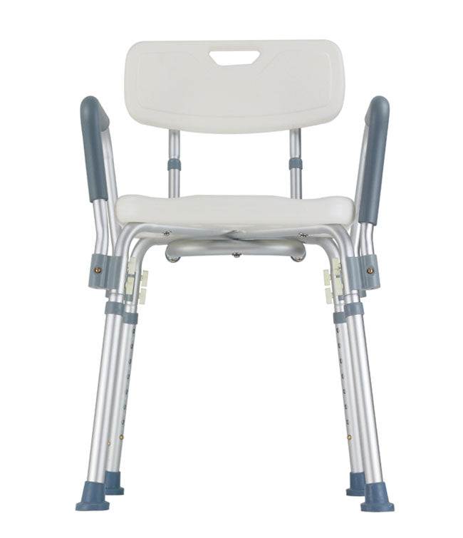Bath chair with back and arms, adjustable height, aluminum frame, and rubber feet for stability.