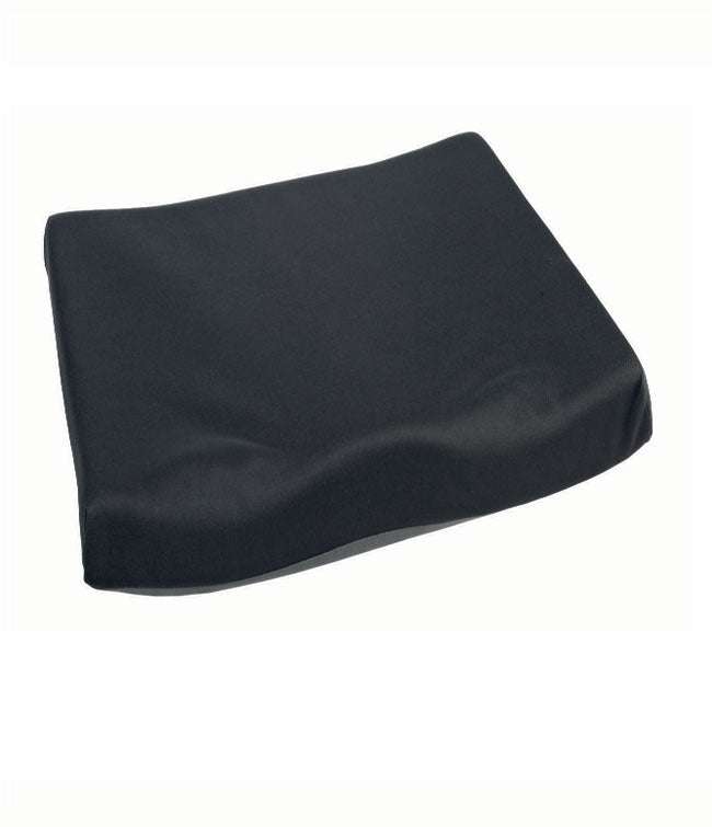 Black wheelchair seat cushion with contoured foam for stability and comfort.