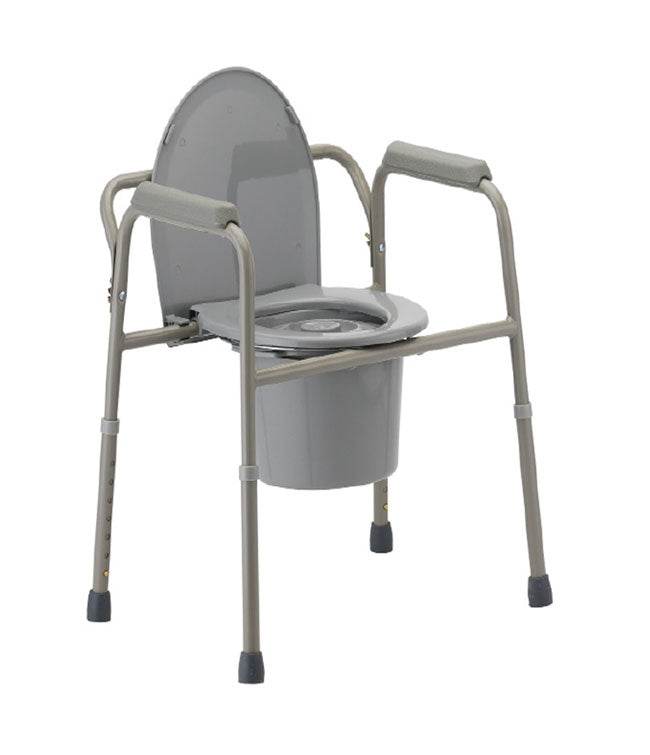 3-in-1 Commode Chair with hygienic bucket, durable steel construction, and splash guard.