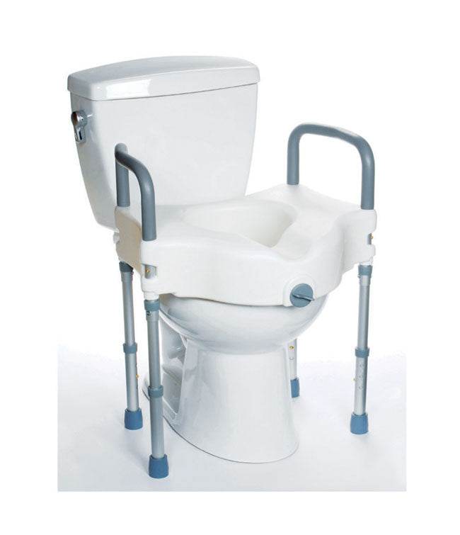 Raised toilet seat with legs and foam rubber handles for stability and grip, height adjustable from 19” to 23”, tool-free assembly, 300 lbs weight capacity.