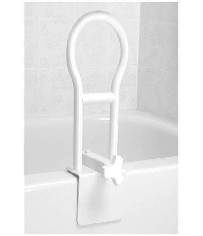 Clamp On Tub Rail with secure 14” handle, adjustable, scratch-resistant, powder-coated finish.