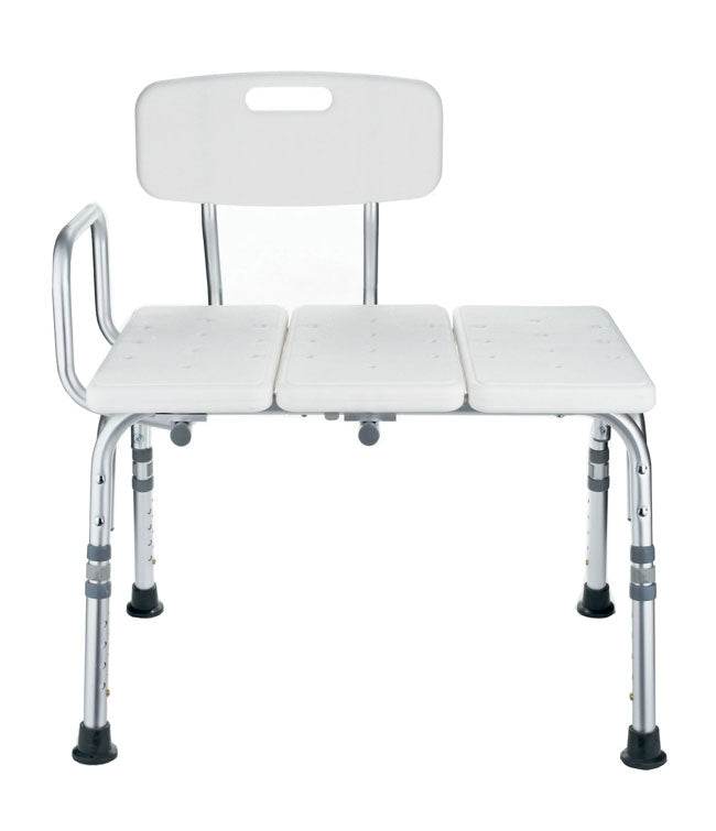 Transfer Bath Bench with back support, height adjustable, suction cup feet for stability, tool-free assembly, 300 lbs capacity.