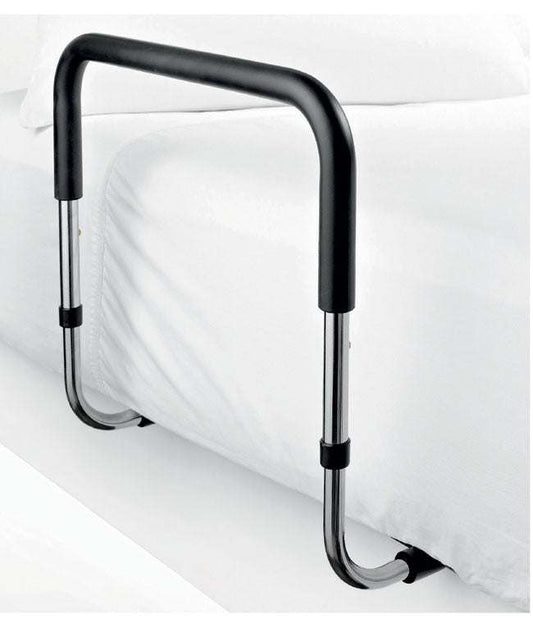 Bed assist rail with foam rubber grip, adjustable height, and safety straps on a bed.