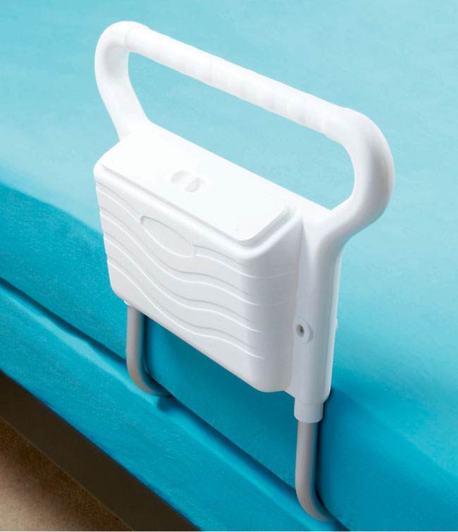 Ez Grip Bed Rail with non-metal handles attached to bed for easy assistance.