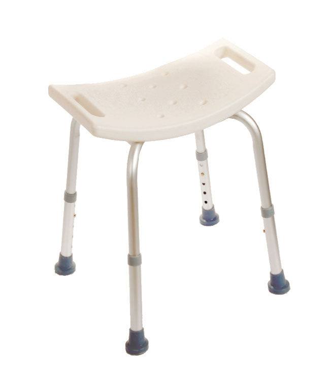 Bath Chair without Back, secure, corrosion resistant, height adjustable, tool-free assembly.