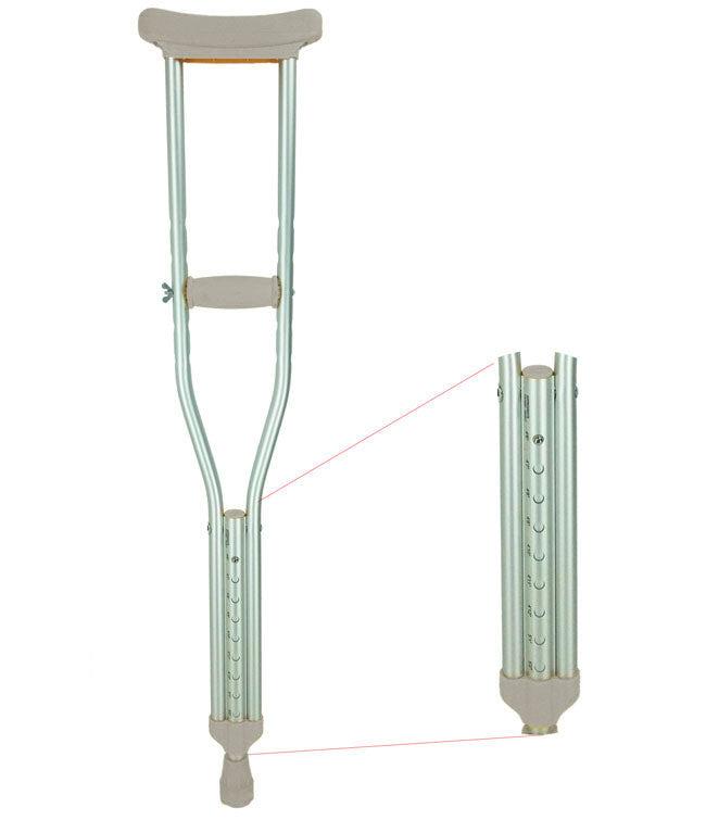 Lightweight aluminum pushbutton crutches with height adjustability and foam grips.