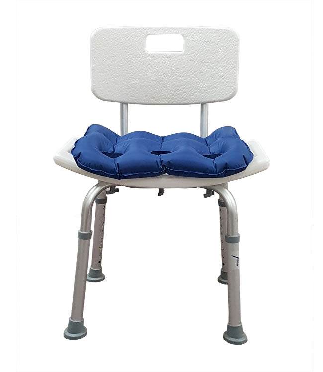 Bath chair with back rest, featuring adjustable height, corrosion resistance, and suction cup feet for stability.