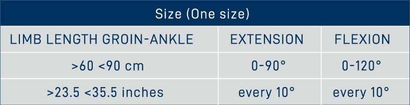 Size chart for telescopic post-operative knee brace, one size fits all, showing limb length, extension, and flexion parameters.