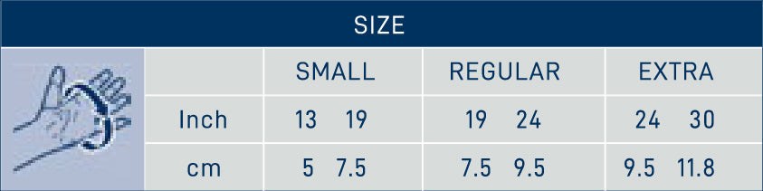 Size chart for thumb splint, available in small, regular, extra sizes for thumb sprains.