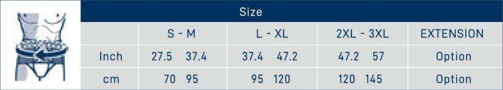 M-Brace 505 size chart showing measurement guidelines