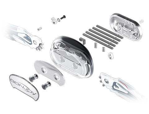 Exploded view of DEFIANCE III knee brace components showing detailed parts and design.