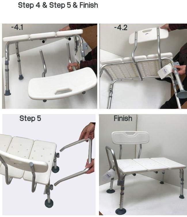 Transfer bath bench with back, full assembly steps, height adjustable, sturdy design with suction cup feet.