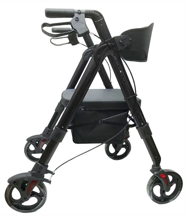 Aluminum Folding Bariatric Rollator with 8" wheels, soft basket, and adjustable grips in black.