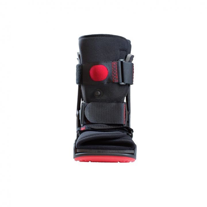 Low walking boot with air pump, designed for support post-injury or surgery, featuring shock-absorbing sole.