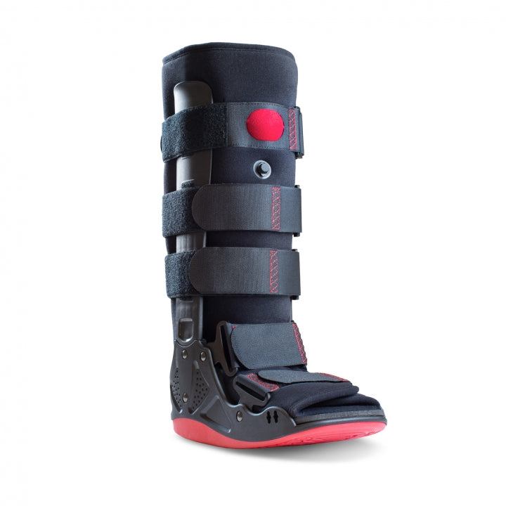 High Walking Boot with air, designed for support after trauma or surgery, featuring anatomically shaped uprights, integrated strapping, cushioned soles, and pneumatic liner with built-in pump.