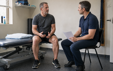 Adult discussing knee care options with a clinician / Adulte discutant des options de prise en charge du genou avec un clinicien