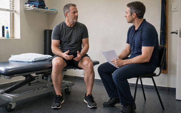 Adult discussing knee care options with a clinician / Adulte discutant des options de prise en charge du genou avec un clinicien