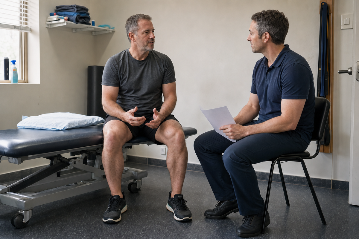 Adult discussing knee care options with a clinician / Adulte discutant des options de prise en charge du genou avec un clinicien