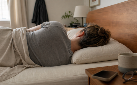 Side sleeper checking pillow height in an ordinary bedroom / Personne sur le côté vérifiant la hauteur d’un oreiller dans une chambre
