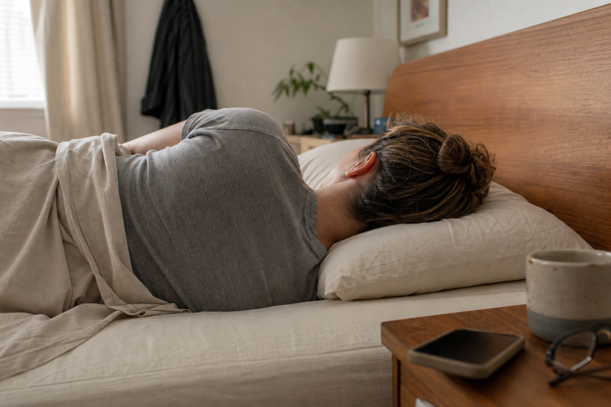 Side sleeper checking pillow height in an ordinary bedroom / Personne sur le côté vérifiant la hauteur d’un oreiller dans une chambre