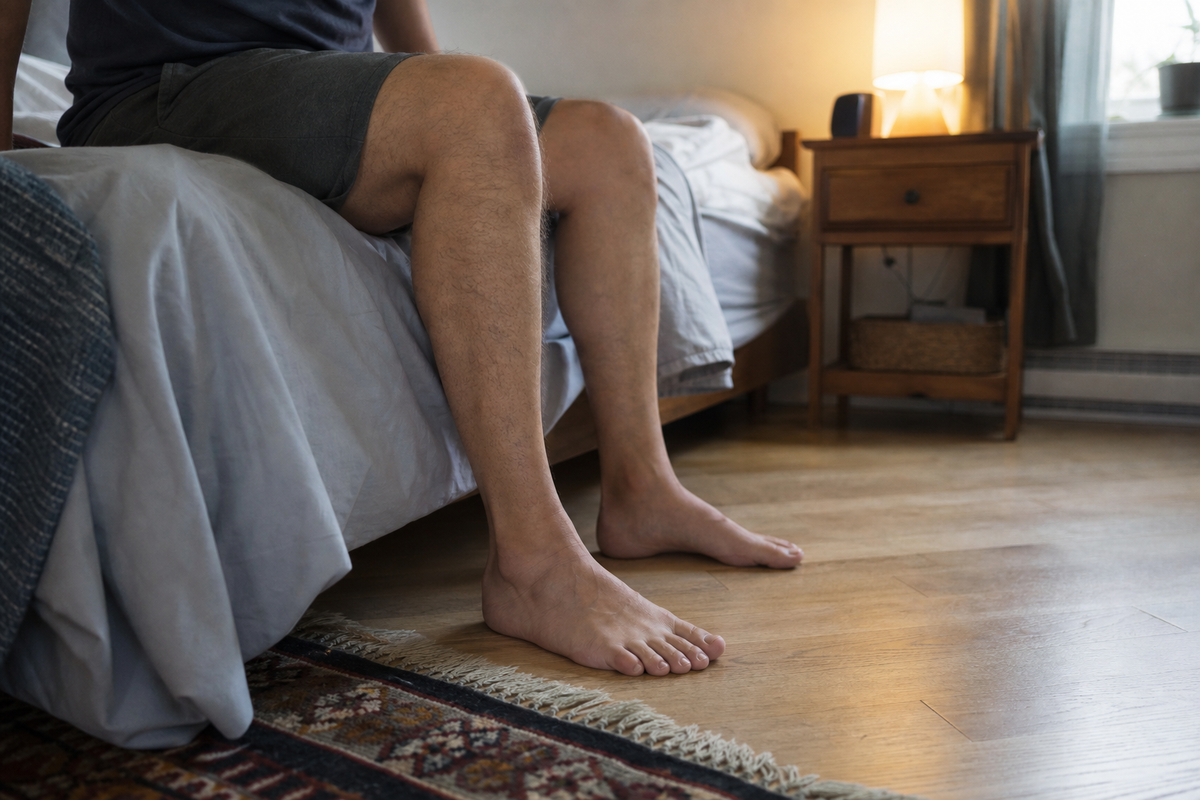 Adult placing both feet on the floor beside the bed / Adulte posant les deux pieds au sol près du lit