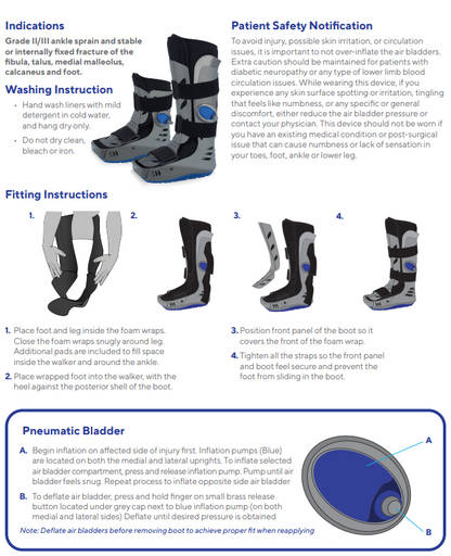 Low walking boot with air camwalker, features rigid-shell design, wide footbed, cushioned sole, and adjustable air chambers for support and shock absorption.