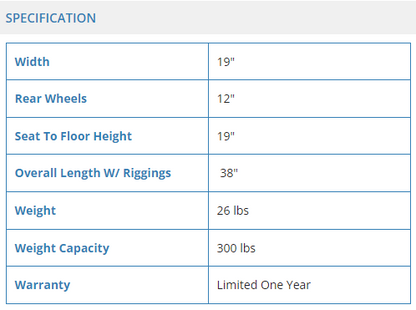 Lightweight Transport Chair specifications chart detailing dimensions, weight, and features.