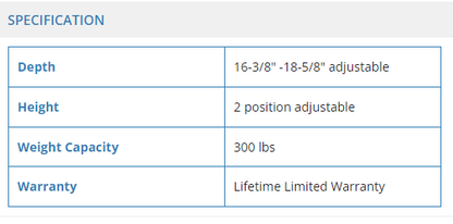 Ez Grip Bed Rail specifications chart detailing depth, height, weight capacity, and warranty.