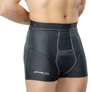 Boxer Hernia Brief in black providing abdominal support with compression, 100% cotton, suitable for inguinal hernias and post-operative use.