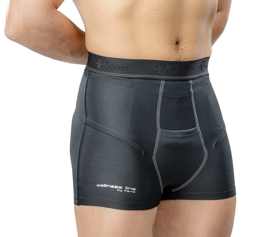 Boxer Hernia Brief in black providing abdominal support with compression, 100% cotton, suitable for inguinal hernias and post-operative use.