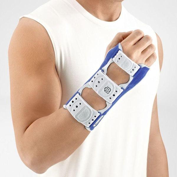 Adjustable ManuLoc wrist brace for support and mobility, comfortable blue design for wrist stabilization.