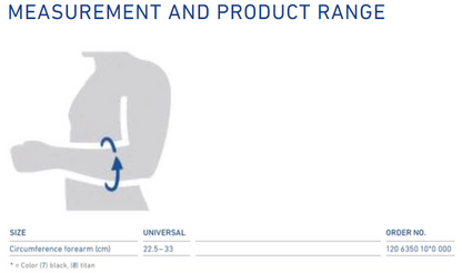 EpiPoint Elbow Brace size chart showing forearm circumference from 22.5 to 33 cm, universal fit.