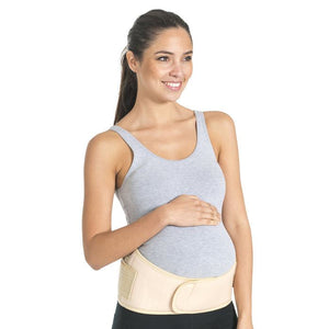 Pregnant woman wearing ORTHOLIFE Deluxe Maternity Back Brace for lumbar support.