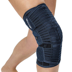 Knee brace providing support and stabilization for patella alignment, suitable for injury recovery.