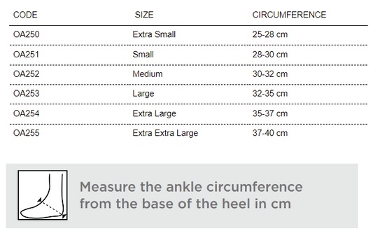 Ortholife Total Stability Ankle Brace with Strap, durable nylon, elastic cuff, bilateral plastic stays, lace-up design, size chart included.