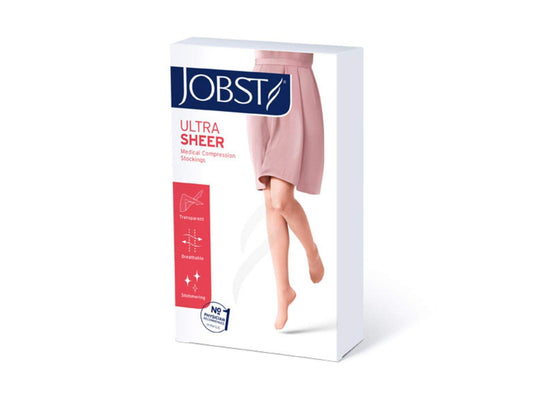 Thigh high compression sock in product packaging featuring JOBST UltraSheer design with closed toe.