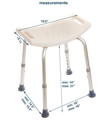 Bath chair without back, height adjustable, corrosion resistant, tool-free assembly.
