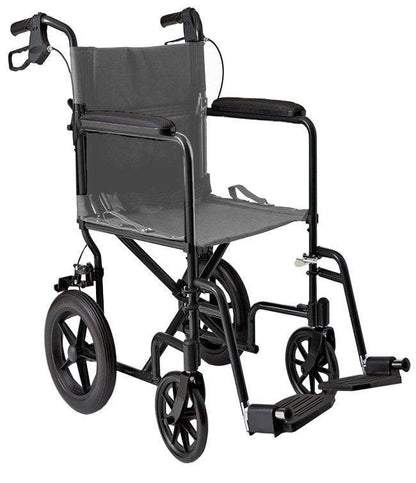 Lightweight Transport Chair with aluminum frame and 12-inch wheels.