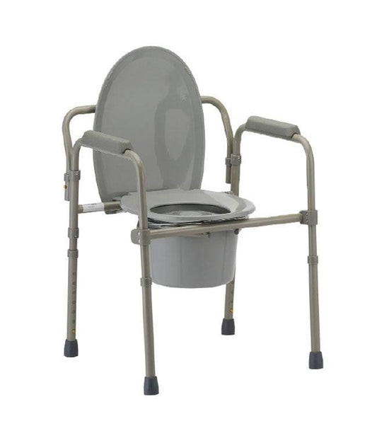 Folding commode chair with steel frame, bucket, and lid for hygienic use.