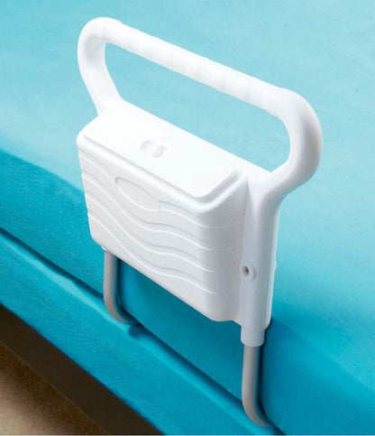 Ez Grip Bed Rail with non-metal handles attached to bed for easy assistance.
