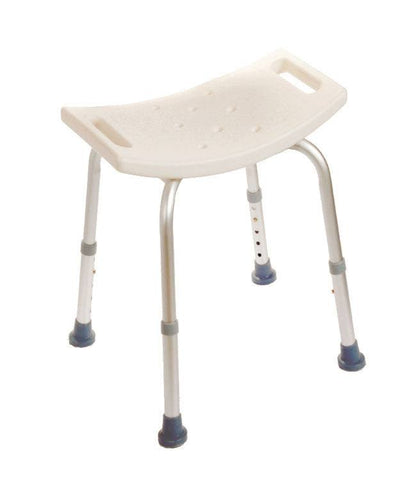 Bath Chair without Back, secure, corrosion resistant, height adjustable, tool-free assembly.